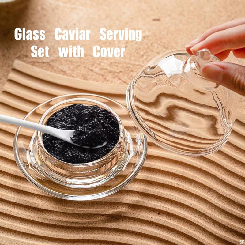 GCFTIFF caviar serving set with 2 Pcs Mother of Pearl Spoons,Chilled bowl Glass Caviar Dish With Lids,ice bowls to keep food cold, Elegant Serving Tray for Party Appetizers (Polka Dots) - Image 4